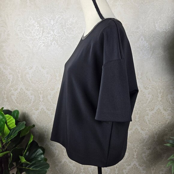 Ann Taylor Size Large Black Short Sleeve Blouse Dropped Shoulder Faux Leather - Picture 5 of 16